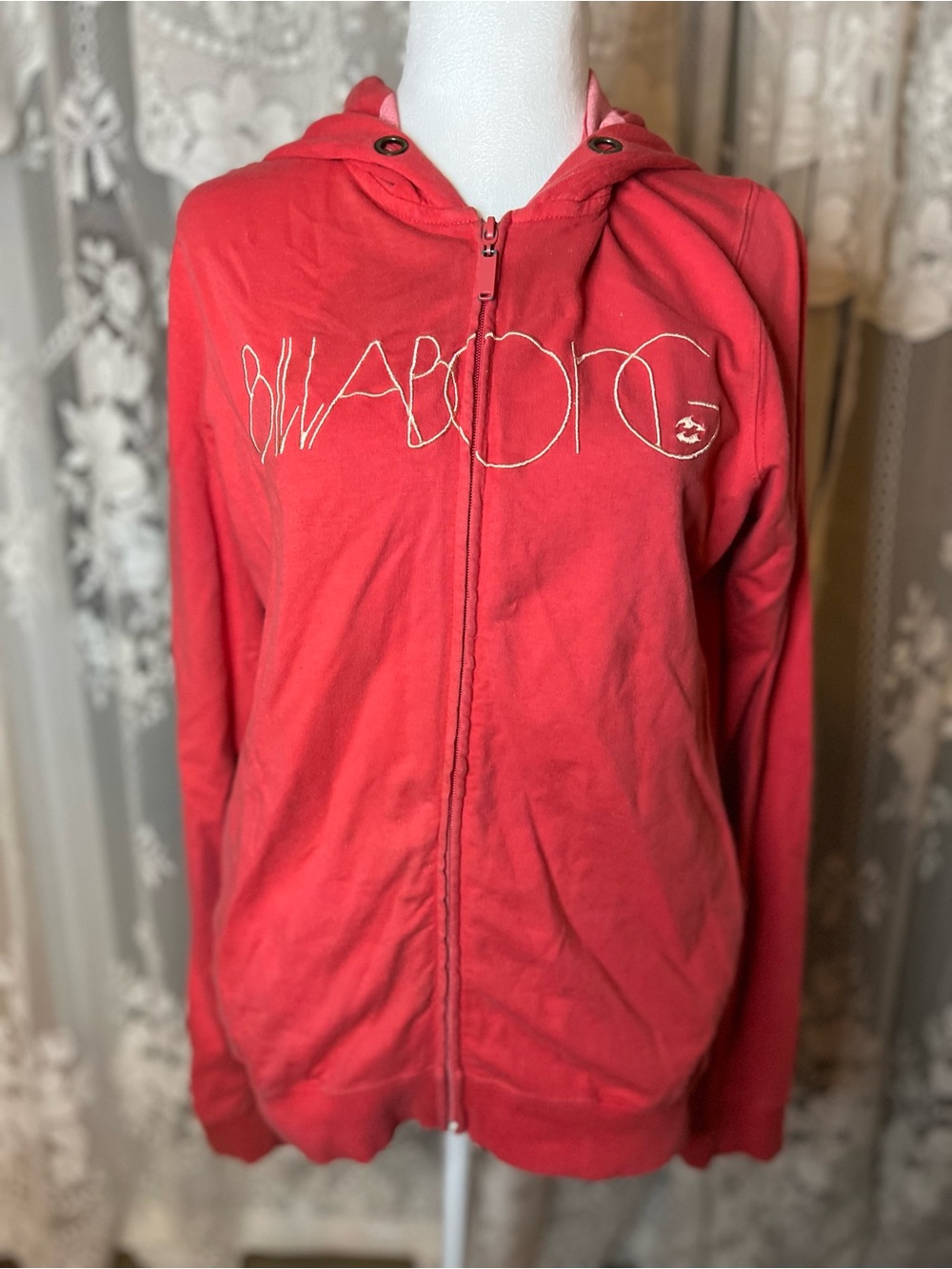Y2K Billabong Coral Red Zip Hoodie with Script Logo XL